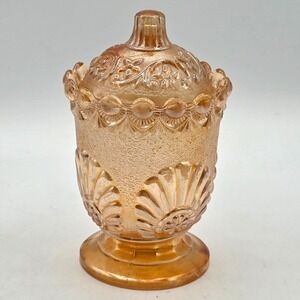 Rare Westmoreland Marigold Carnival Glass Shell &Jewel Sugar Bowl with Lid c1890
